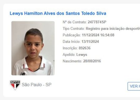 São Paulo registra contrato de garoto de oito anos de nome Lewys Hamilton