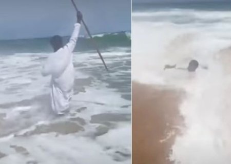 Vídeo: pastor quase morre afogado ao tentar abrir o mar
